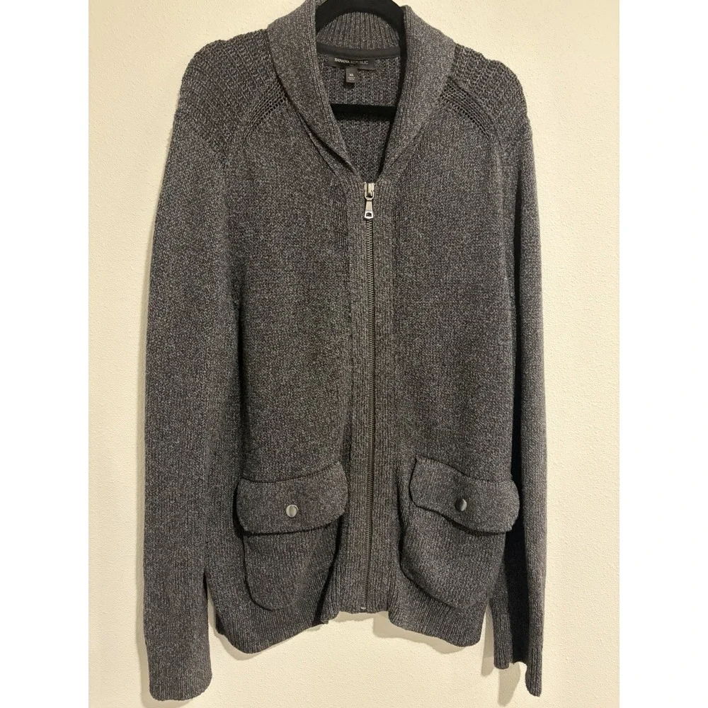 Banana Republic Mens Gray Cotton Blend Zip Cardigan Sweater XL Academia Preppy